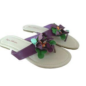 Stefani Collection Lily Flat Sandals Plum Purple Floral Slip-On Slides Sz 8.5M